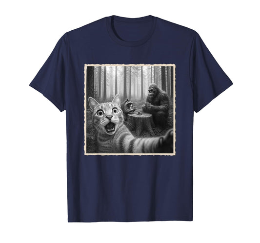Cat Selfie With Bigfoot & Raccoon | Funny Scared Cat T-Shirt