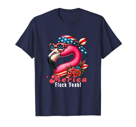 Merica Flock Yeah Patriotic Flamingo 4th of July Usa Flag Women T-Shirt