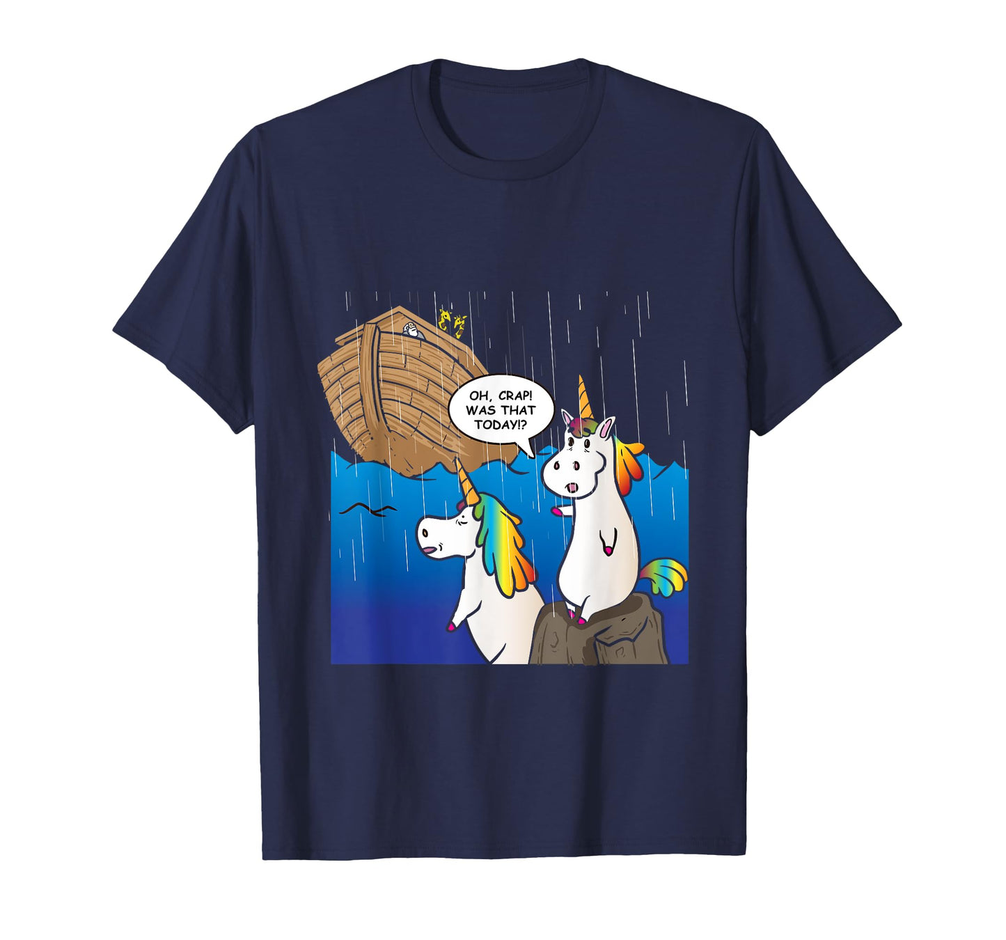 Two Unicorns Missing Ark Noah During Rain Funny Christian T-Shirt