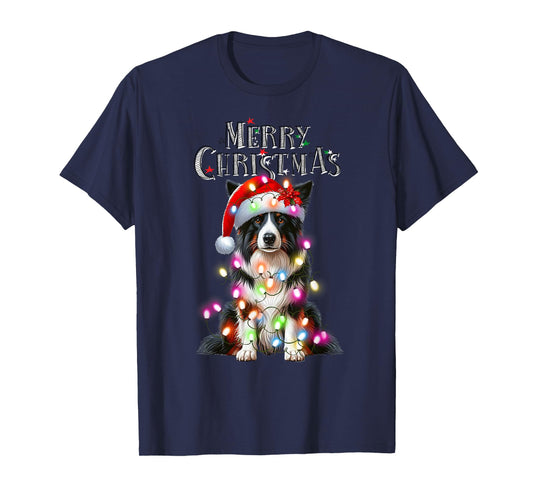 Border collie Christmas Lights Xmas dog Santa T-Shirt for Men Women Kids