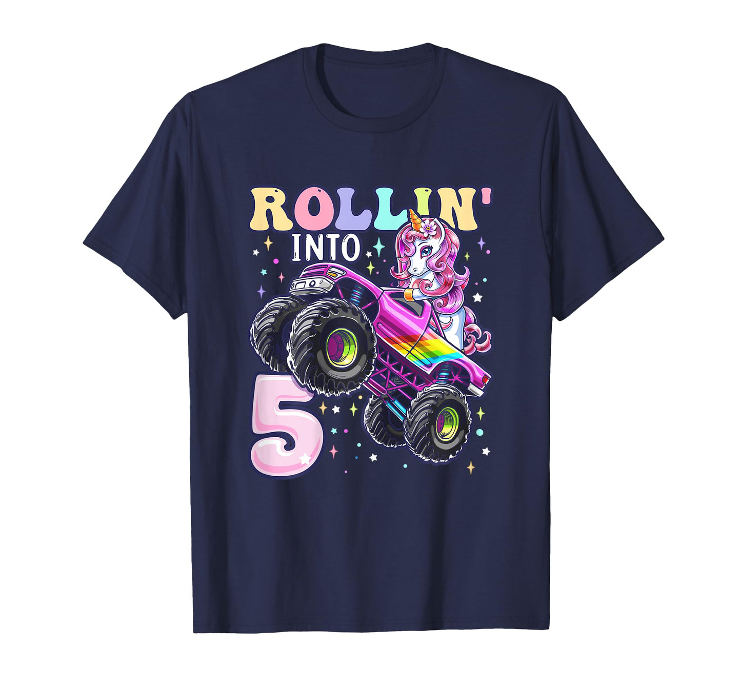 Unicorn Monster Truck 5th Birthday 5 Year Old Girls Party T-Shirt
