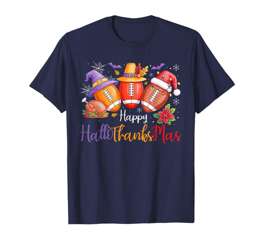Happy Hallothanksmas Football Halloween Thanksgiving Xmas T-Shirt
