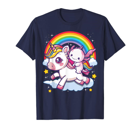 Axolotl Shirts For Girls Women Cute Axolotl Riding Unicorn T-Shirt