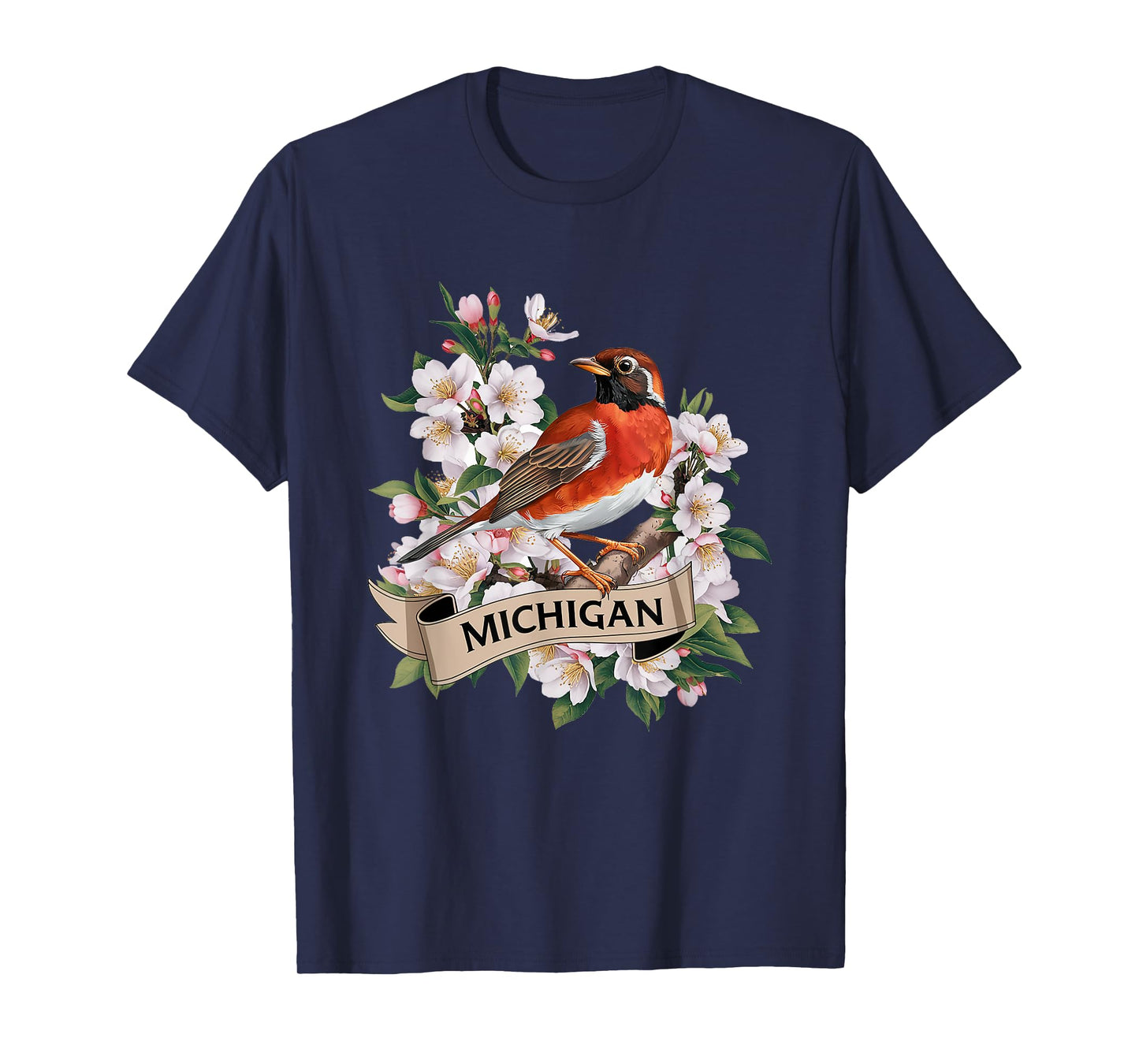 Michigan American Robin Bird and Apple Blossom Flower T-Shirt