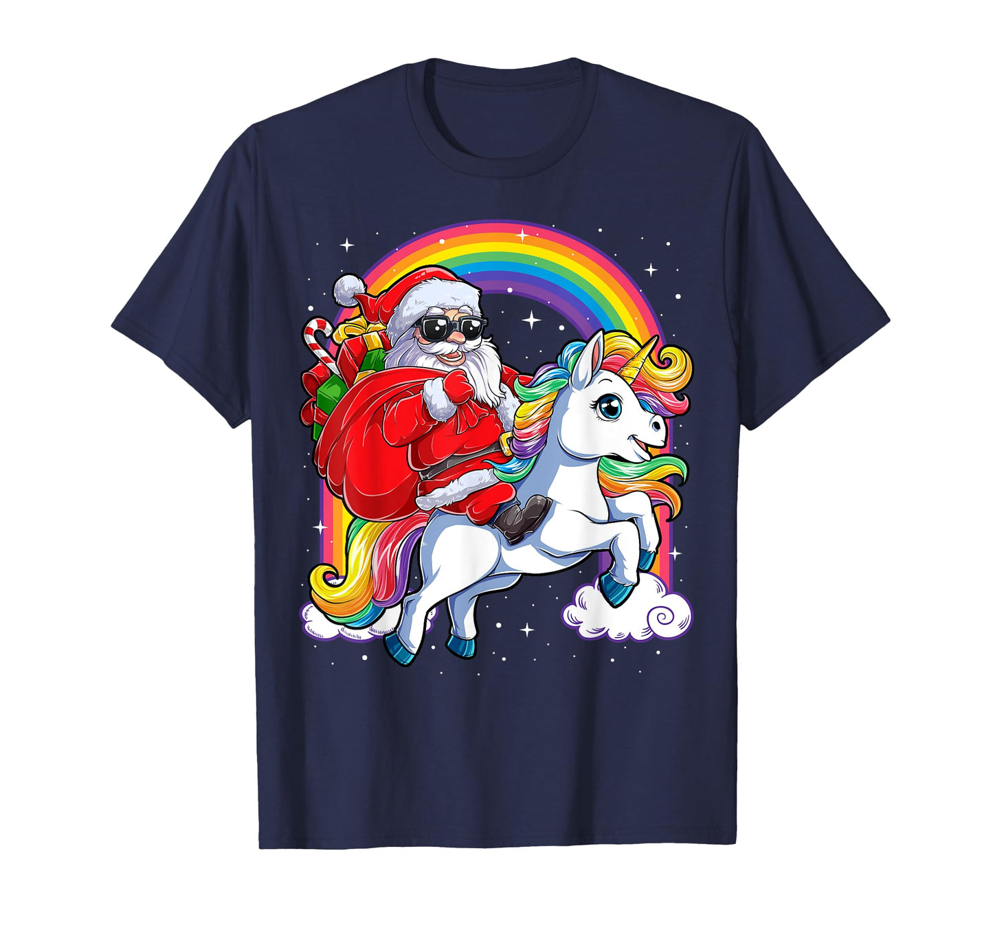 Christmas Santa Riding Unicorn Xmas Girls Women Rainbow Short Sleeve T-Shirt