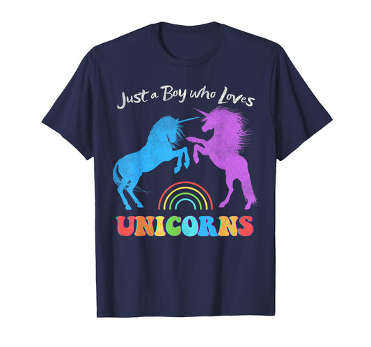 Funny Just a Boy who Loves Unicorns Retro Rainbow Distressed T-Shirt