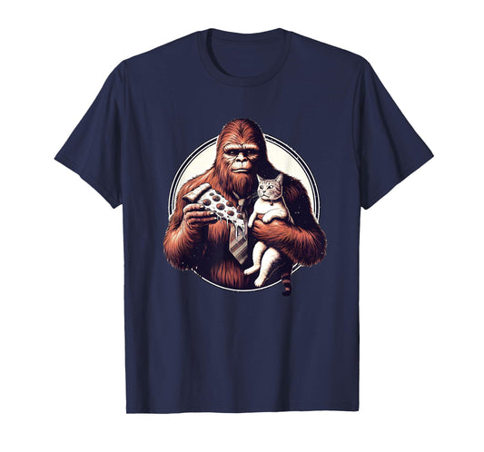 Funny Bigfoot Sasquatch Pet Cat Eating Pizza Adventures T-Shirt for Men Women Kids