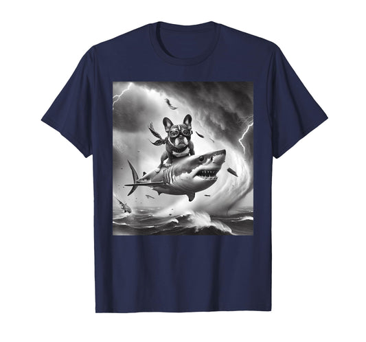 Funny Dog French Bulldog Riding a Shark in Tornado Meme T-Shirt