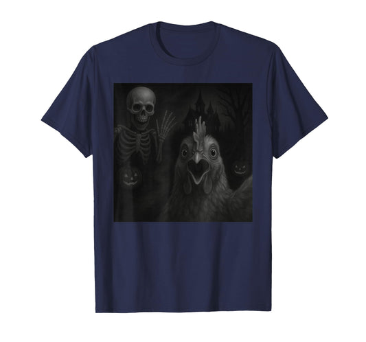 Chicken Selfie with Skeleton Halloween Funny T-Shirt