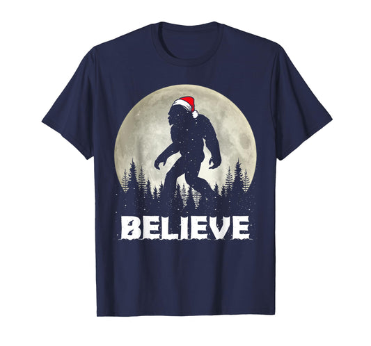 Santa Hat Bigfoot Believe Christmas Lights Rock Sasquatch T-Shirt
