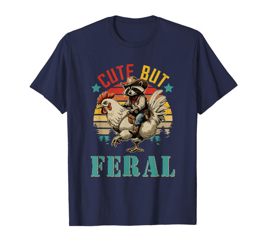Vintage Cute But Feral Funny Raccoon Riding Chicken Farmer T-Shirt