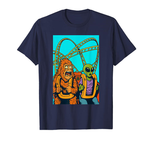 Bigfoot and Alien Riding Roller Coaster Amusement Theme Park T-Shirt
