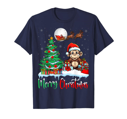 Monkey Santa Hat Xmas Lights Merry Christmas Monkey T-Shirt
