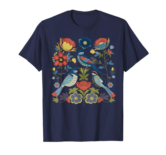 Cottagecore Birds and Flowers Folk Art Scandi Art Nature T-Shirt