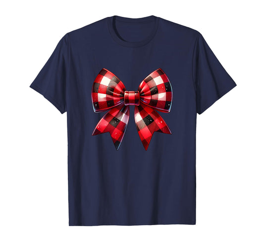 Coquette Bow Christmas Red Buffalo Plaid Xmas Womens T-Shirt