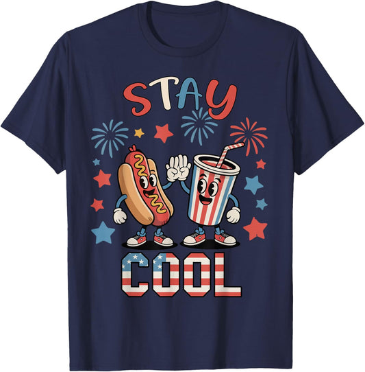 Stay Cool Hotdog 4th July Kids Boy Toddler Patriotic Funny T-Shirt