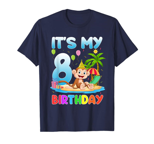It's My 8th Birthday Summer Monkey 8 Year Old Bday Party Kid T-Shirt