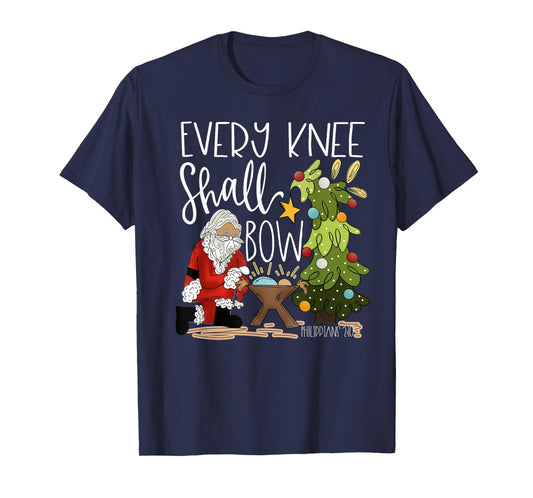 Retro Every Knee Shall Bow Santa Clause Religious Christmas T-Shirt