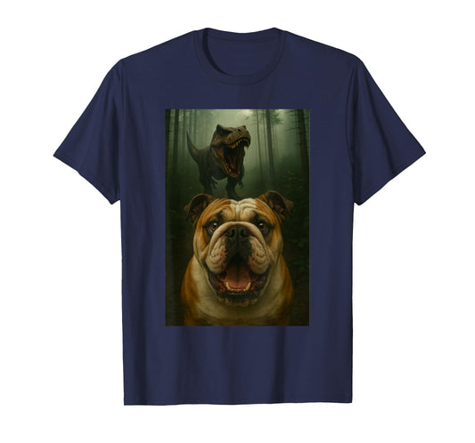 English Bulldog Dog Selfie With T-Rex Dinosaur Funny T-Shirt