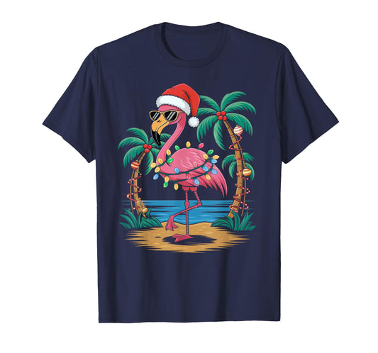 Santa Flamingo Christmas Lights Tropical Palms Tree Beach T-Shirt