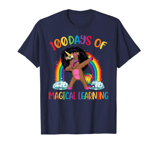 100 Days Of Magical Learning afro Black Dabbing Unicorn Girl T-Shirt