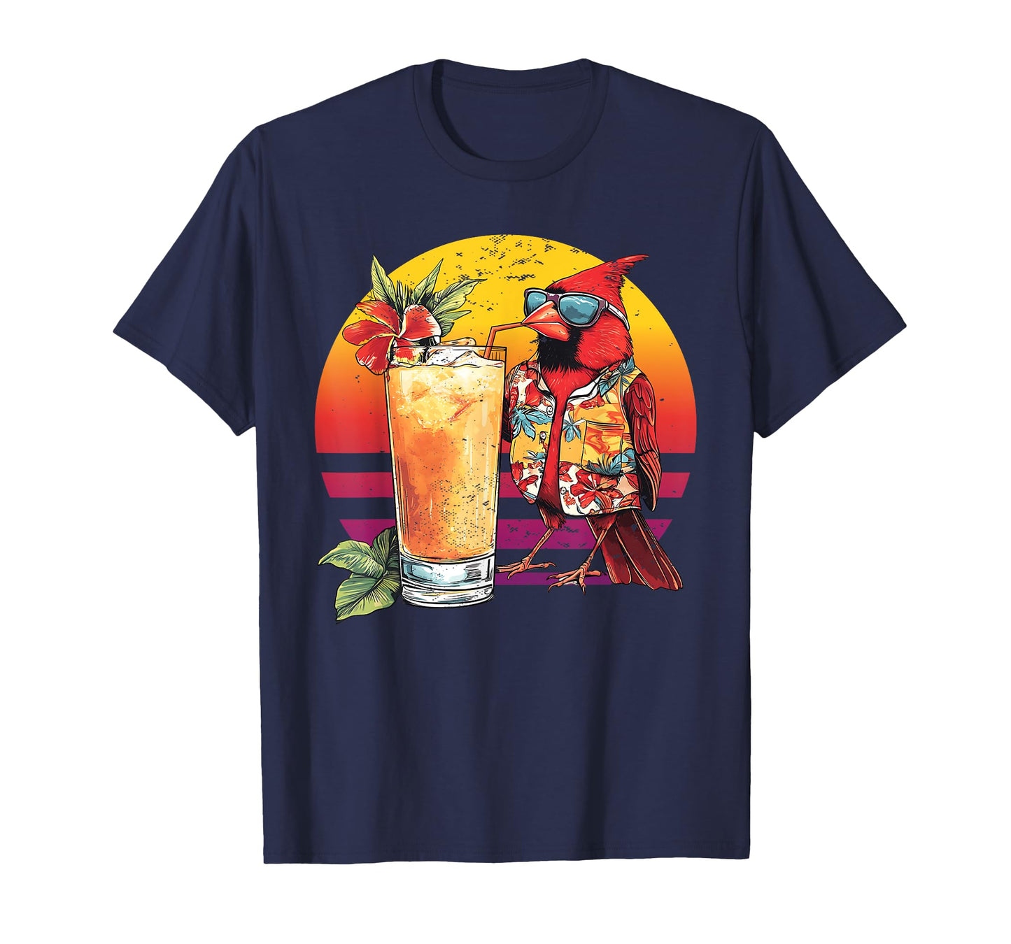Red Cardinal Bird Drinking Cocktail Hawaiian Retro Summer T-Shirt