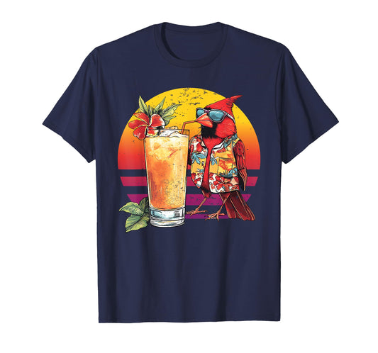 Red Cardinal Bird Drinking Cocktail Hawaiian Retro Summer T-Shirt