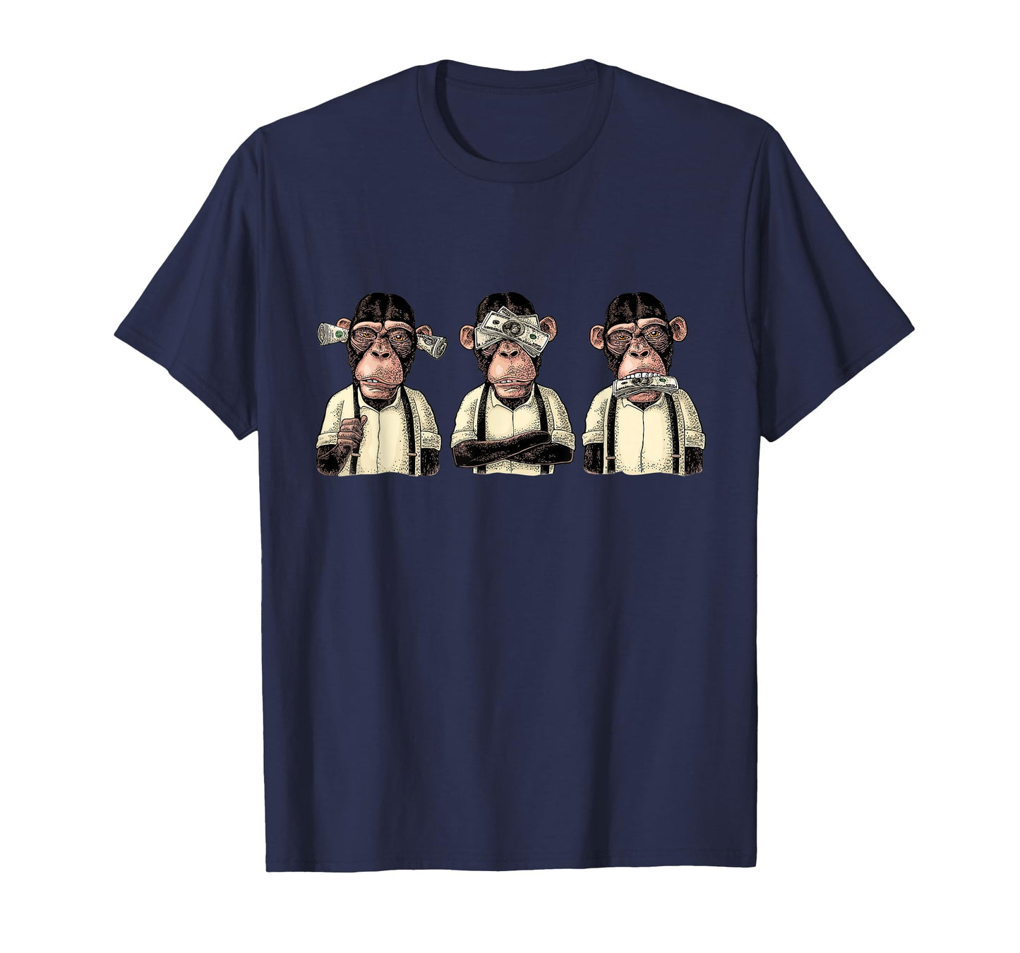 Money A Bag HEAR NO SEE NO SPEAK NO EVIL Monkey Dollar Bills T-Shirt