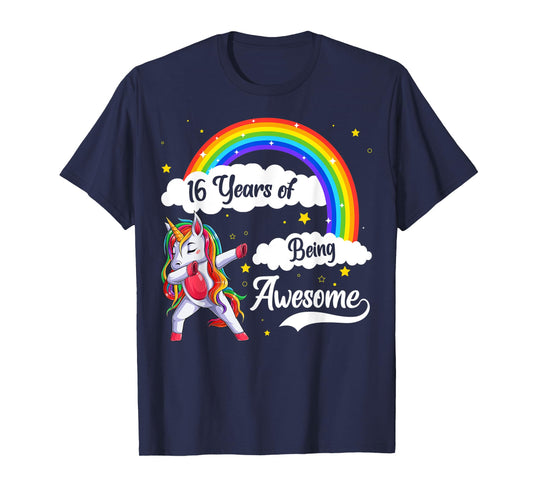 16 Years Of Being Awesome Dabbing Unicorn & Rainbow Birthday T-Shirt