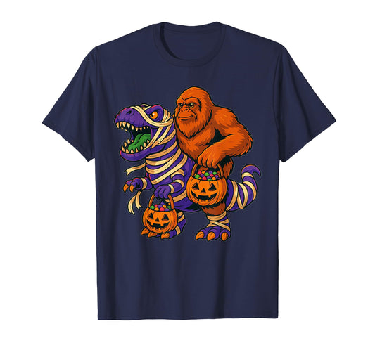 Bigfoot Riding Mummy Dinosaur T rex Halloween Funny Pumpkin T-Shirt