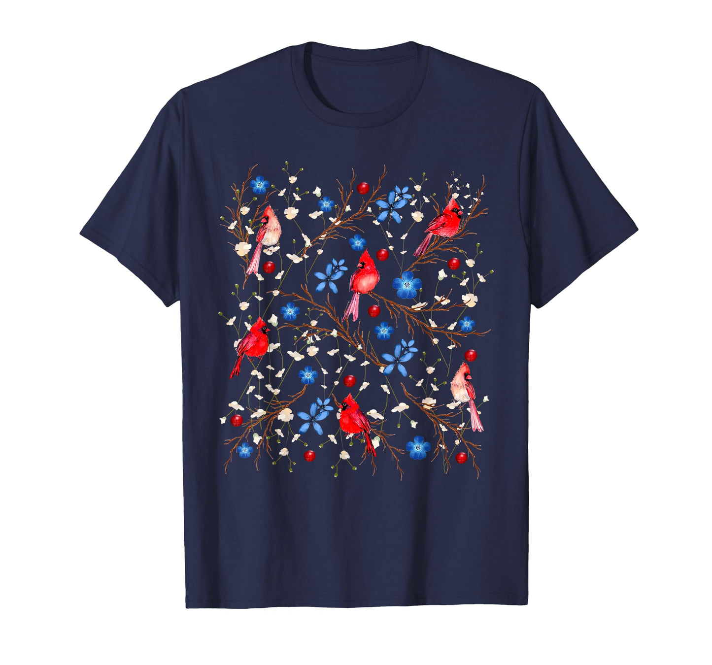 Floral Cardinal Bird Red White Blue 4th Of July Bird Lover T-Shirt