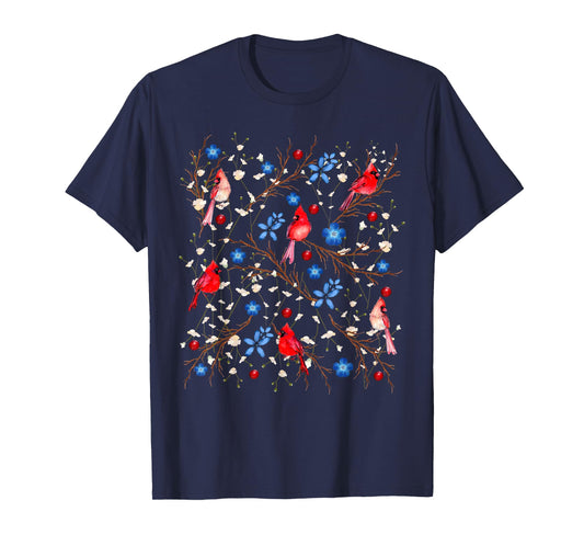 Floral Cardinal Bird Red White Blue 4th Of July Bird Lover T-Shirt