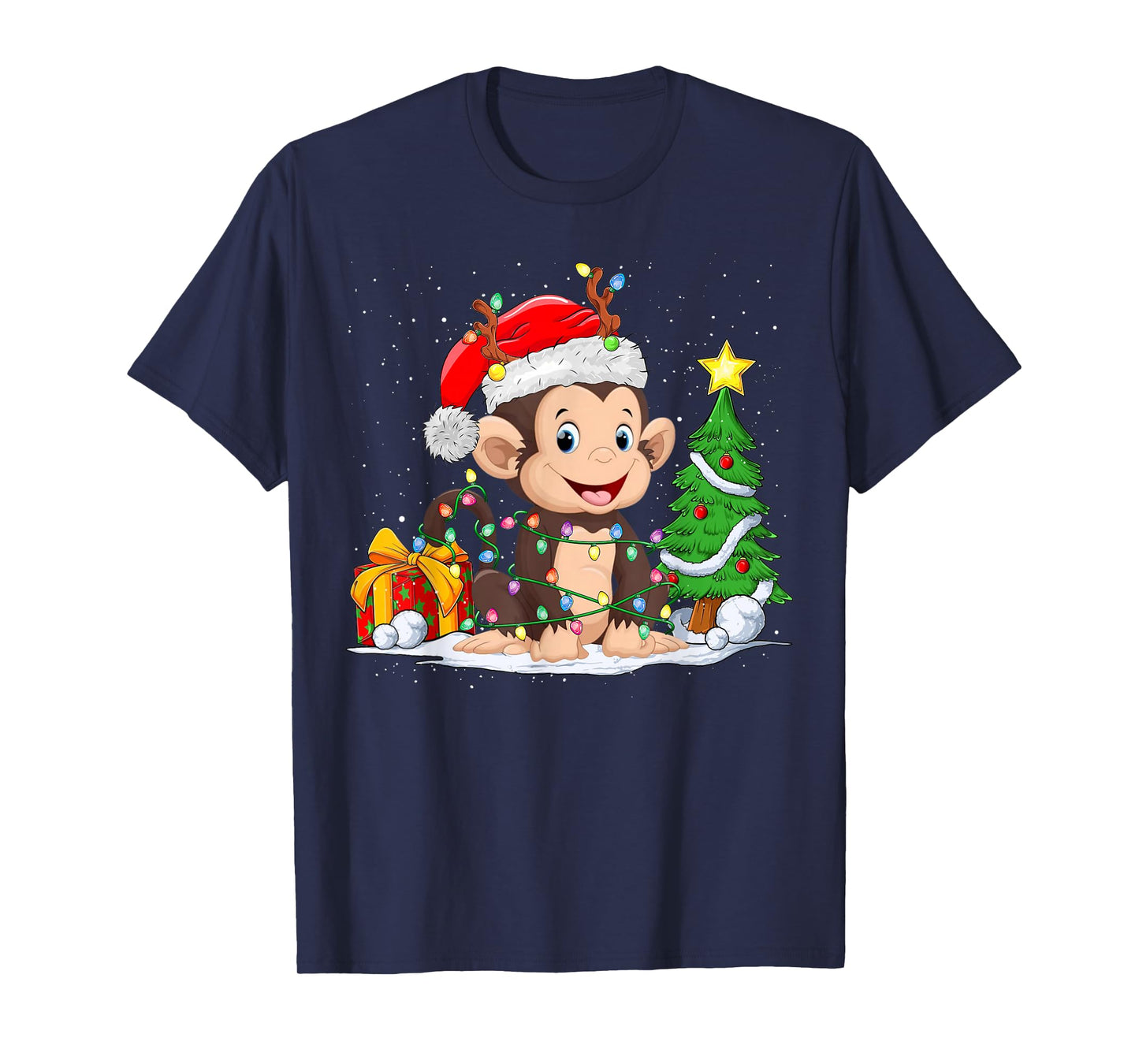 Cute Monkey Santa Christmas Tree Lights Xmas Pajama Monkey T-Shirt