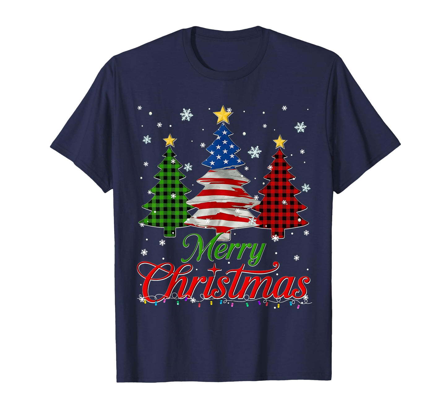 Merry Christmas Tree Plaid US Flag Snowflake Xmas Men T-Shirt