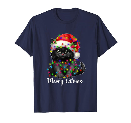 Merry Catmas Black Cat Christmas Light Xmas Family Men Women T-Shirt