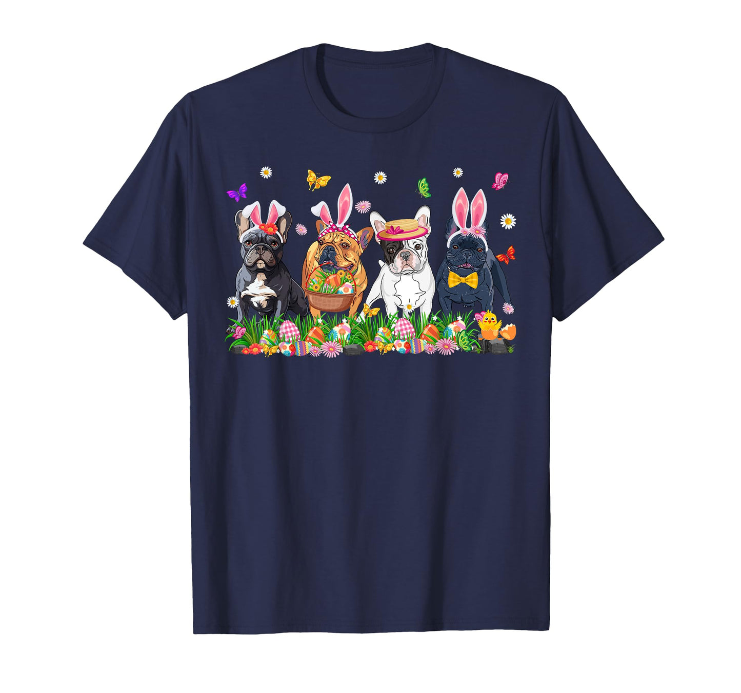 Cute Frenchie Dogs With Bunny Ears & Egg Basket Easter Day T-Shirt