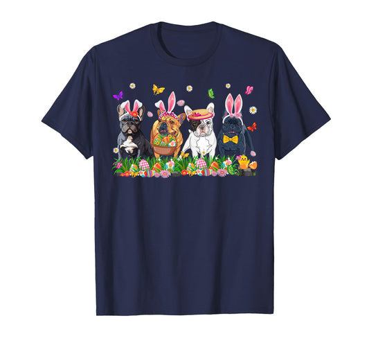Cute Frenchie Dogs With Bunny Ears & Egg Basket Easter Day T-Shirt