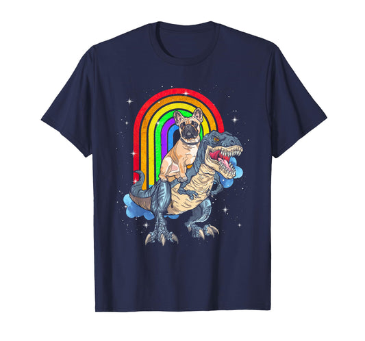French Bulldog Riding Dinosaur T rex Rainbow T-Shirt for Men Women Kids