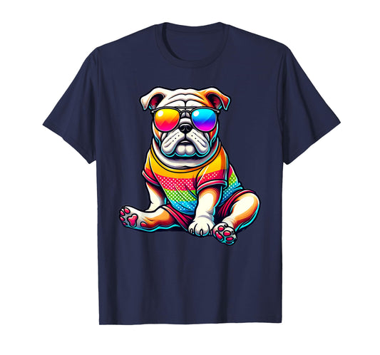 Colorful English Bulldog Wearing Sunglasses T-Shirt