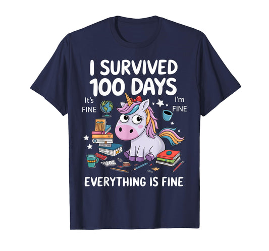 I Survived 100 Days Of School Teacher Kids Funny Unicorn T-Shirt