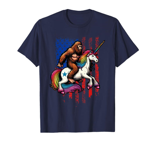 Bigfoot Riding Unicorn! Funny Sasquatch Unicorn US flag T-Shirt
