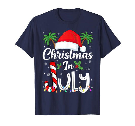 Xmas in July Santa Hat Beach Trip Tropical Summer Palm Tree T-Shirt
