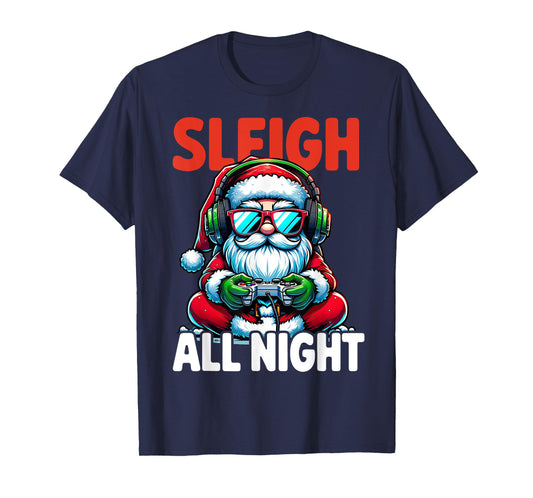 Christmas Gamer Boys Sleigh All Night Video Game Santa Xmas T-Shirt