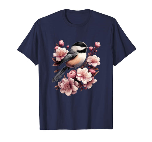 Chickadee Blossom Spring Birdwatching Bird Lover Cute T-Shirt