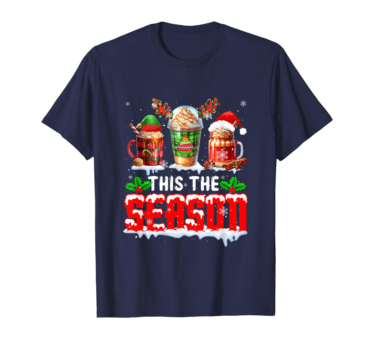 The Season Christmas Three Santa Reindeer Elf Coffee Cups T-Shirt