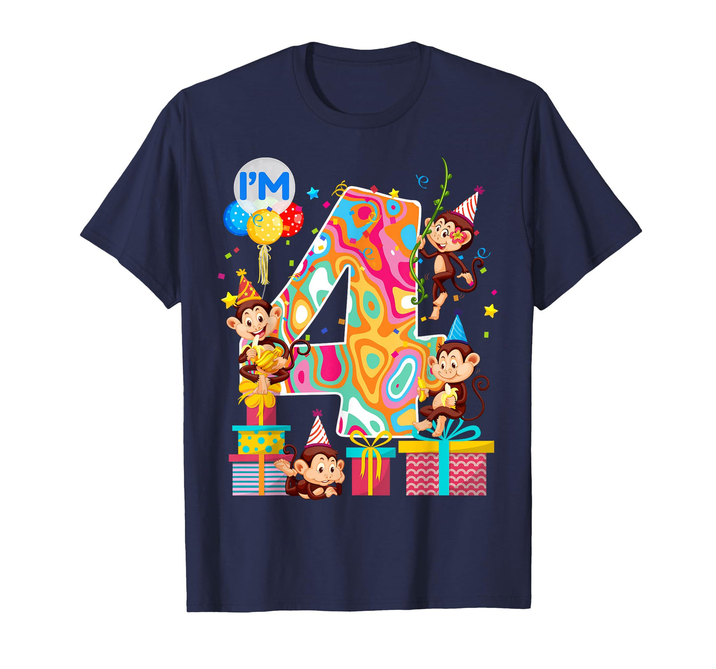 4th B-Day Monkey Birthday Zoo Animal 4 Year Old Funny T-Shirt