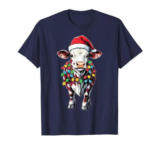 Hereford Cattle Farmer Christmas Hat Xmas T-Shirt - Unisex-Adults/Kids - Black - Short Sleeve - T-Shirt - Graphic - Cartoon - People - Christmas/Farming Enthusiasts, Young Adults, Children