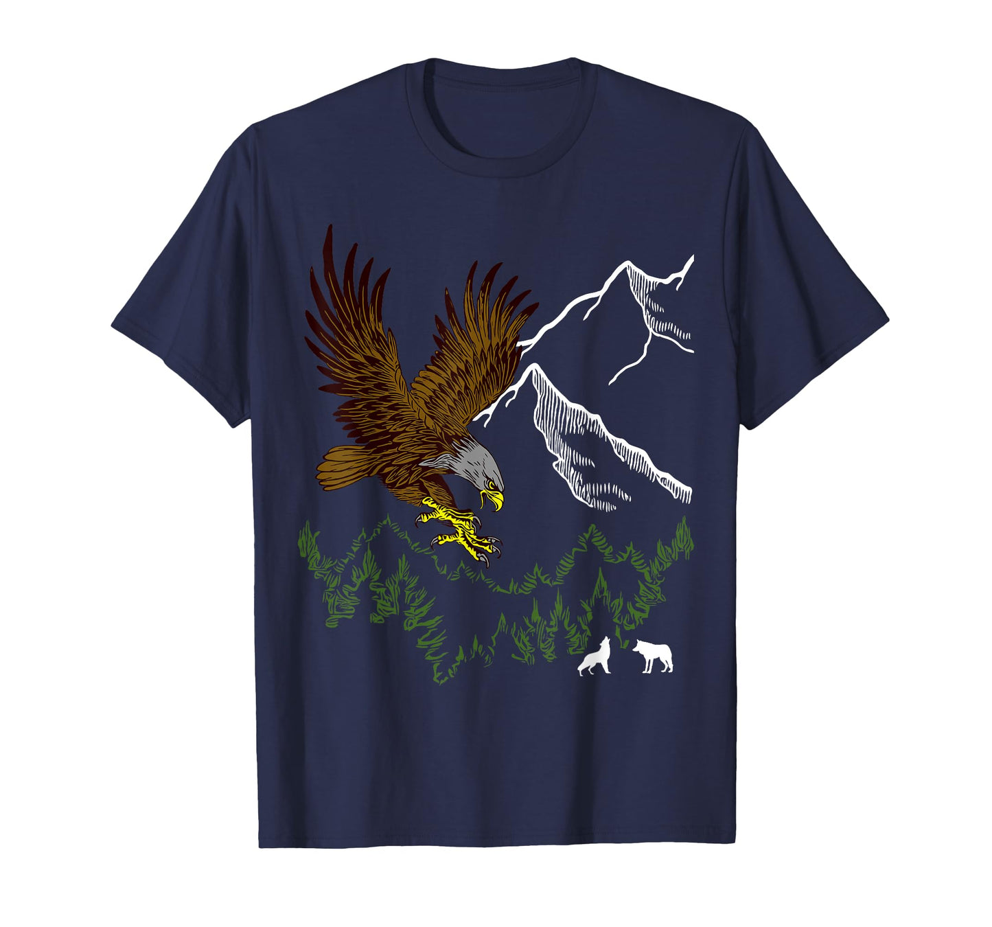 Mountain Forest tree Design Eagle Bird, Wolf Animal Graphic T-Shirt