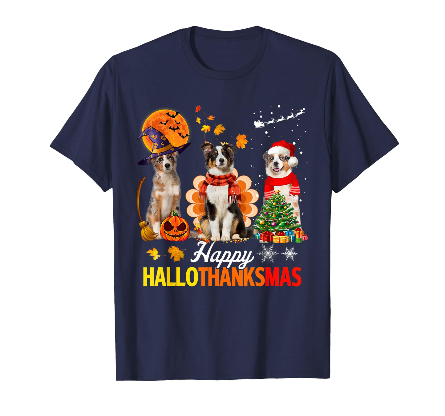 Cute Australian Shepherd Happy Hallothanksmas Xmas T-Shirt