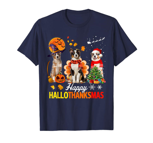 Cute Australian Shepherd Happy Hallothanksmas Xmas T-Shirt